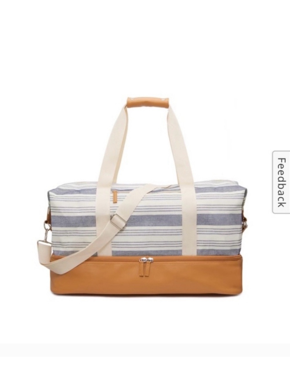 DSW Blue & Cream Striped Canvas Travel Duffel with Tan Base